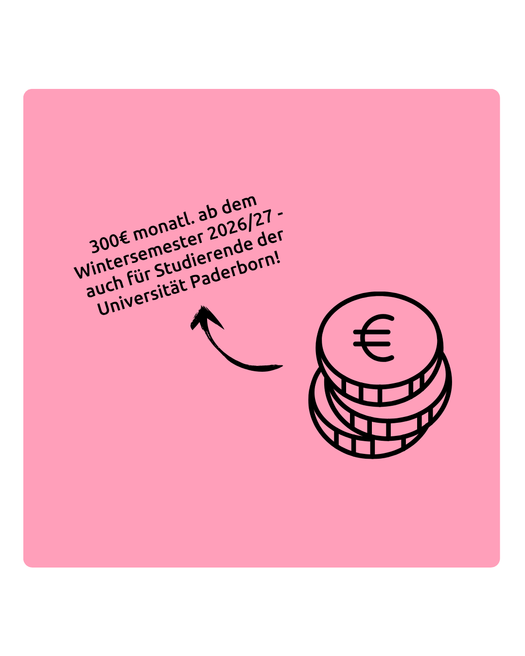 Auf einem rosafarbenen Hintergrund ist eine Grafik mit Euro-Münzen abgebildet und der Text: "300€ monatl. ab dem Wintersemester 2026/27 - auch für Studierende der Universität Paderborn! "
