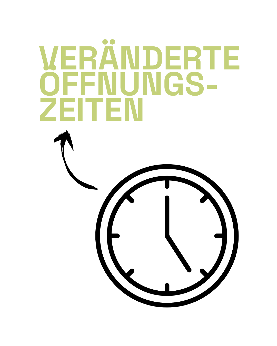 Zu sehen ist ein Icon einer Uhr mit einem Pfeil, der auf die Überschrift "Veränderte Öffnungszeiten" zeigt.