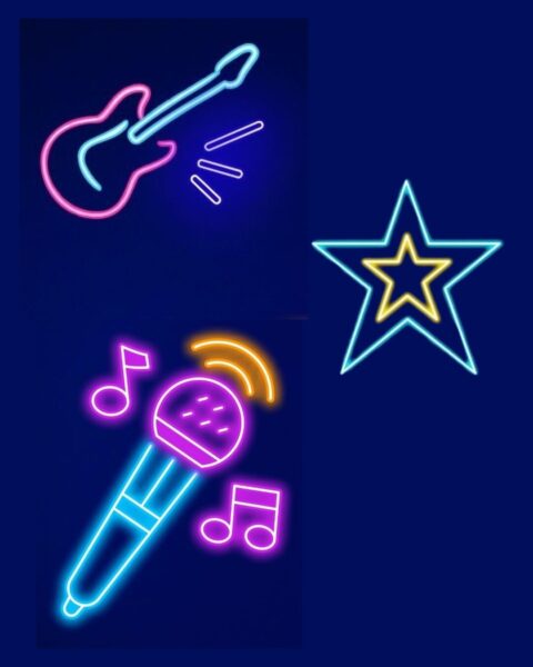 Umrisse von Mikrofon, Gitarre und Stern mit Neon-Effekt und blauem Hintergrund