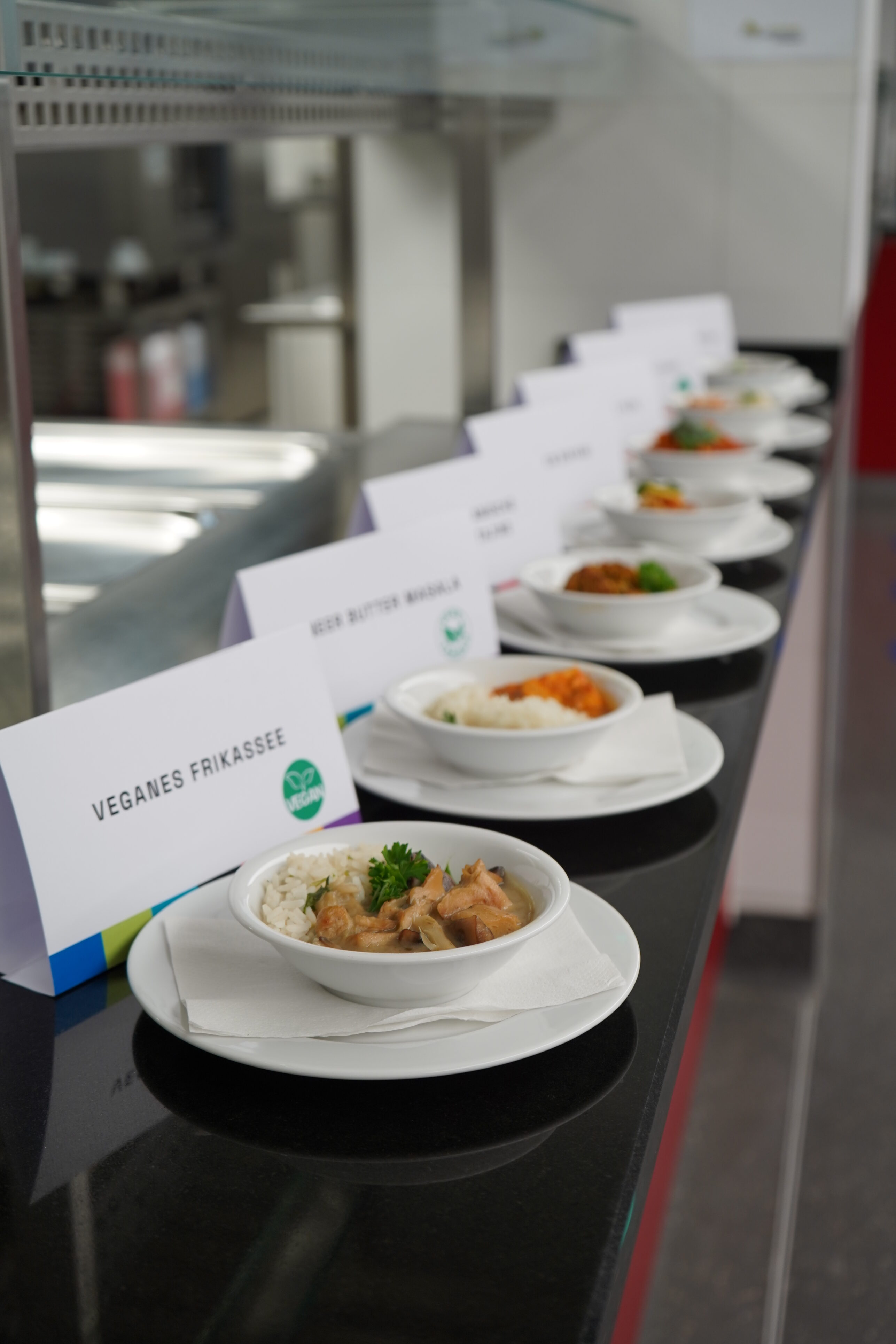 Plates containing various dishes are arranged in a row on a counter