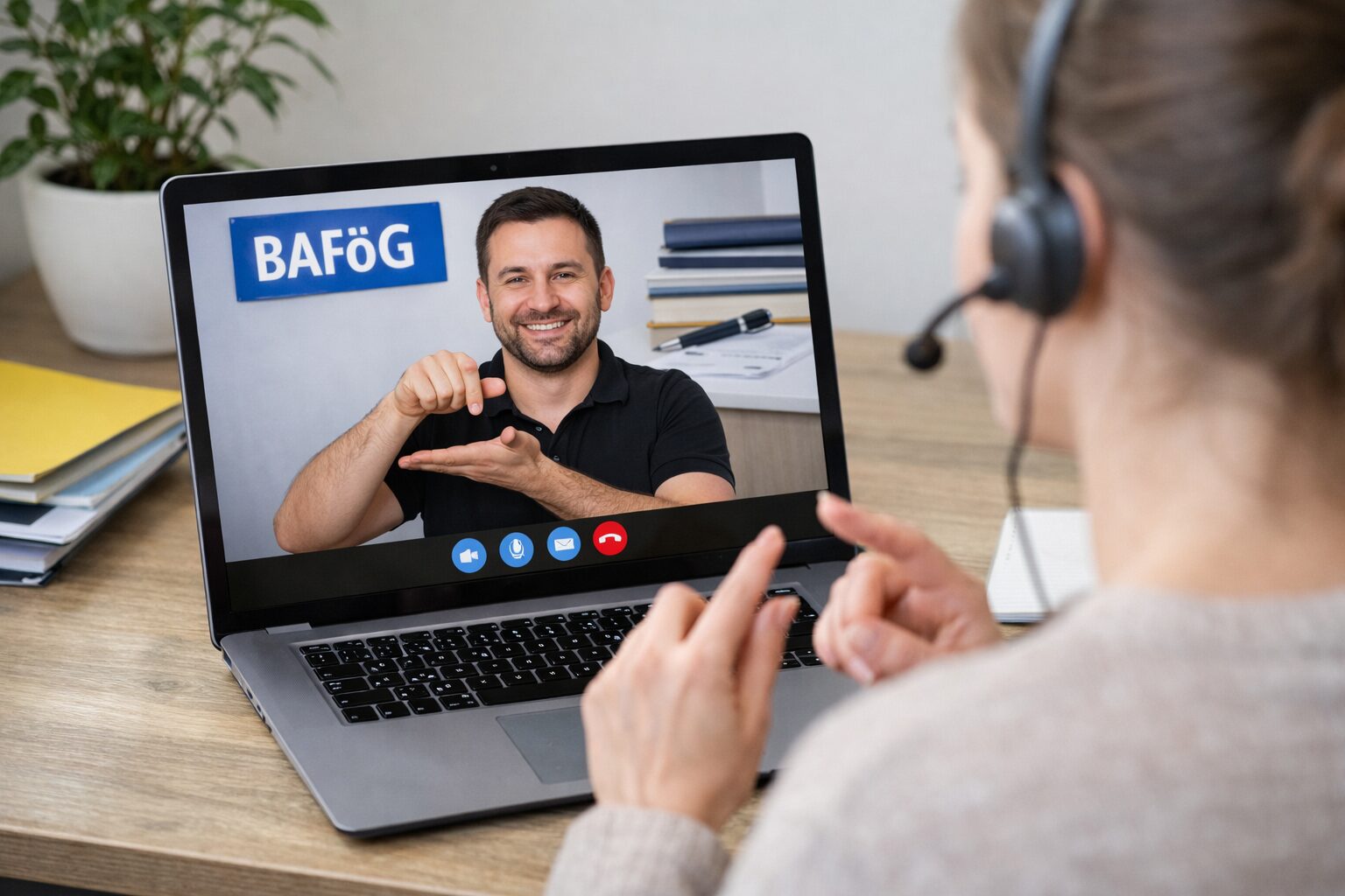 Eine Person sitzt an einem Schreibtisch und führt über einen Laptop eine Videotelefonie in Gebärdensprache. Auf dem Bildschirm ist eine beratende Person zu sehen, die ebenfalls gebärdet. Im Hintergrund des Bildschirms ist der Schriftzug „BAföG“ erkennbar. Das Bild symbolisiert eine barrierefreie Beratung per Gebärdentelefon.
