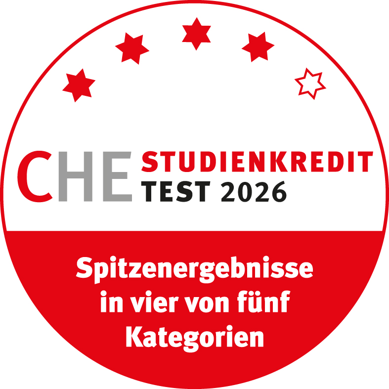Testsiegel, CHE Studienkredit Test 2026, Spitzenergebnisse in vier von fünf Kategorien