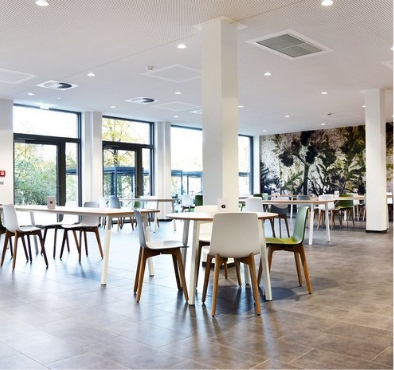 Ein heller Raum mit großen Fenstern, in dem viele Tische und Stühle stehen.